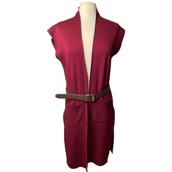 Joan Vass Duster Maxi Cardigan Sweater Open Front Pockets Duster Small Maroon - Picture 7 of 10